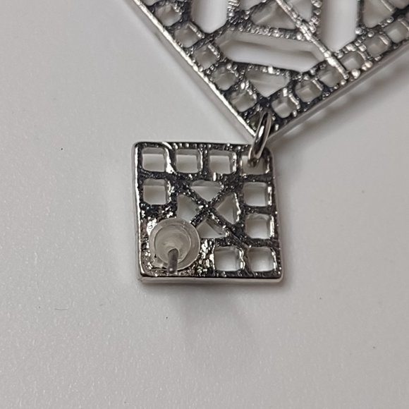 Long Silver Tone Metal Decorative Dangling Square Earrings - Picture 9 of 12